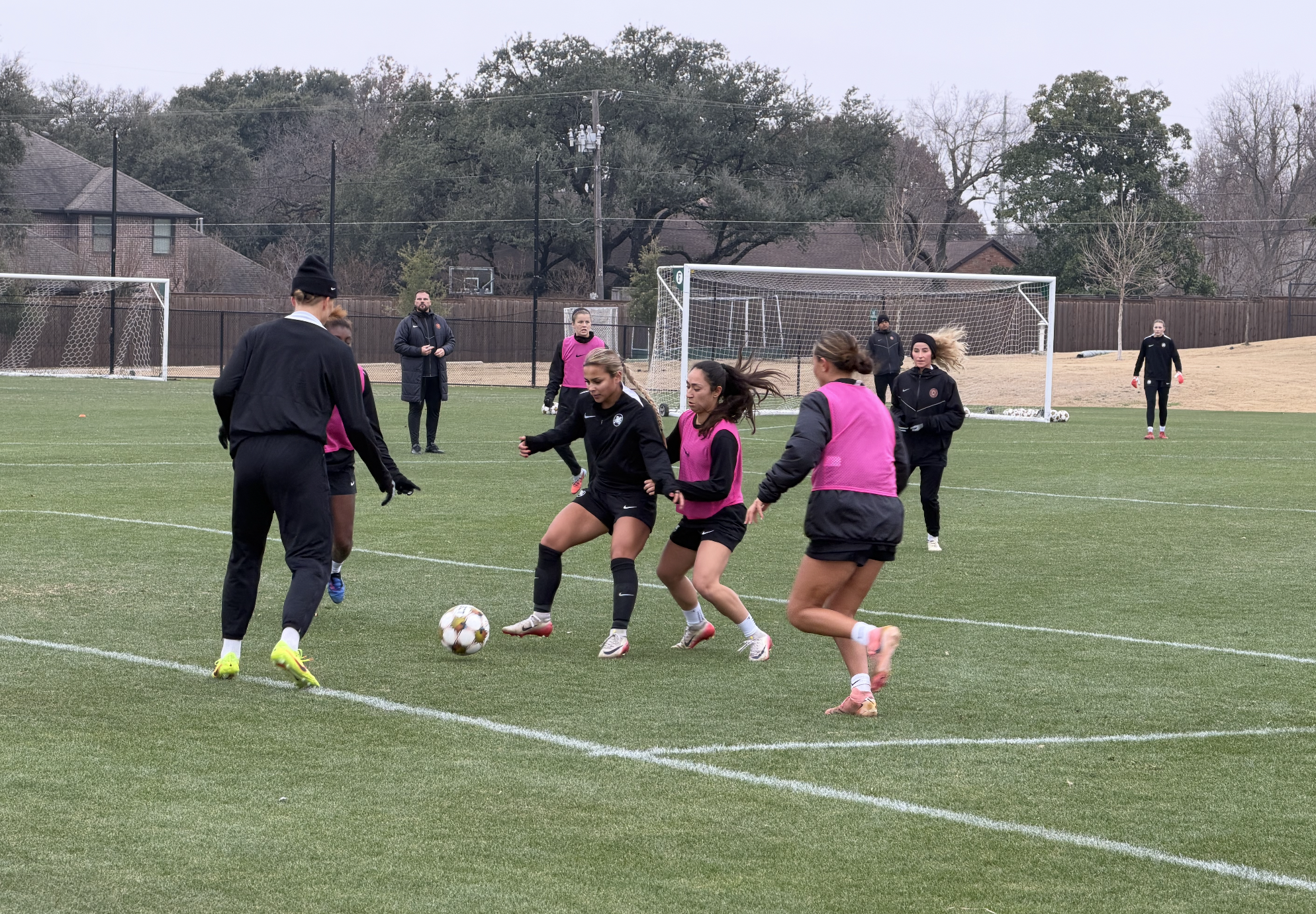 Dallas Trinity FC's new Head Coach Nathan Thackeray overseeing training (January 22, 2025, The Hockaday School) 